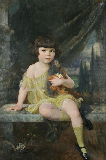 Douglas Volk Young Girl in Yellow Dress Holding her Doll china oil painting image